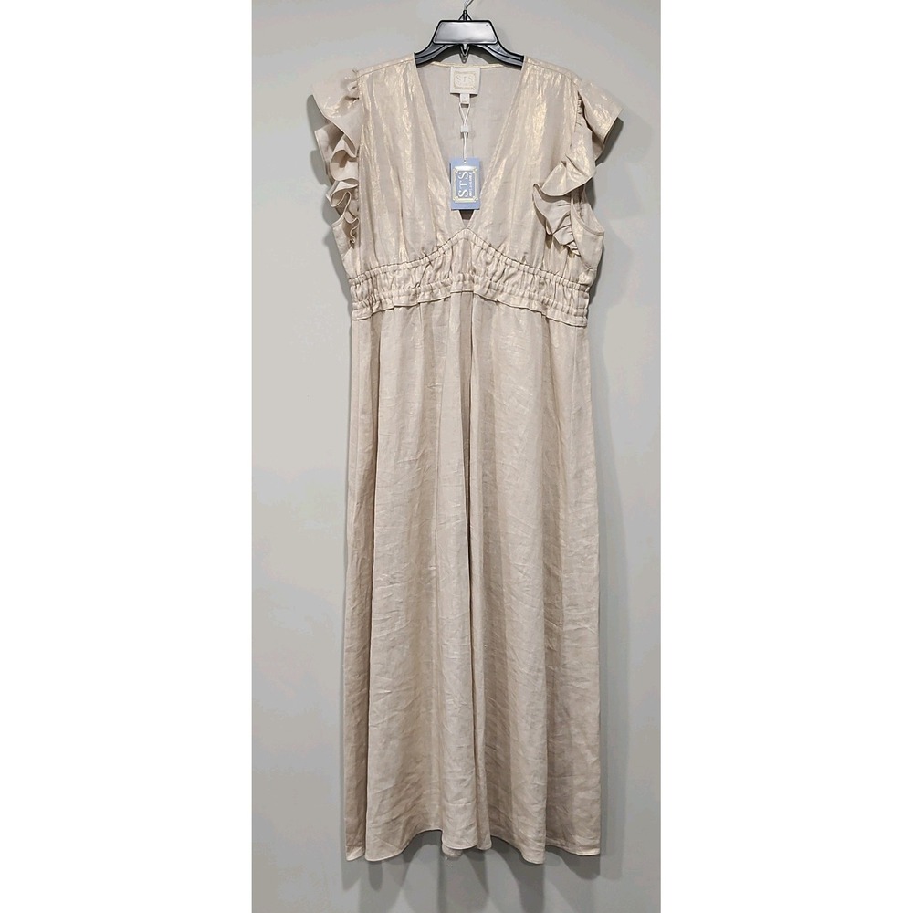 STS Sail to Sable NWT Dress Womens XL Maxi Ruffled Sleeveless Gold 100% Linen